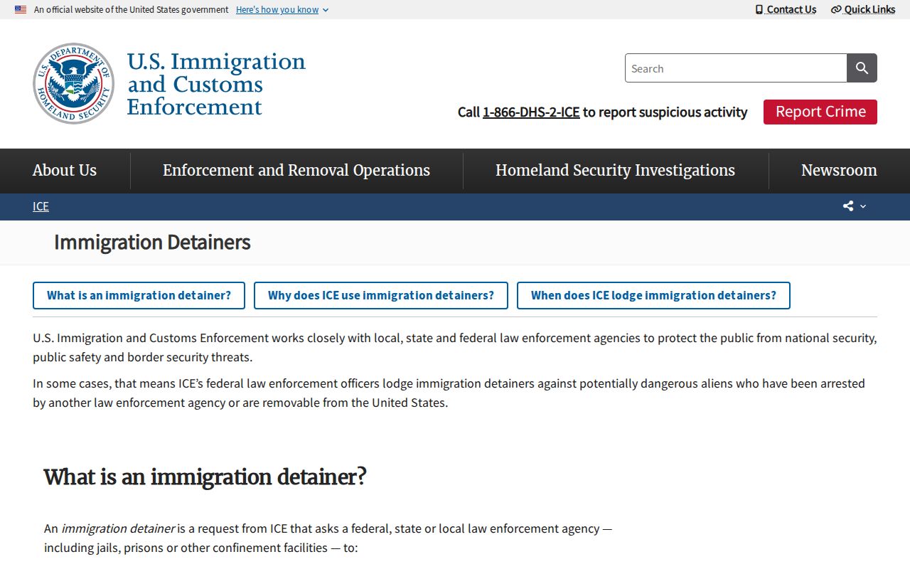 ICE explanation of immigration detainers and custody transfers