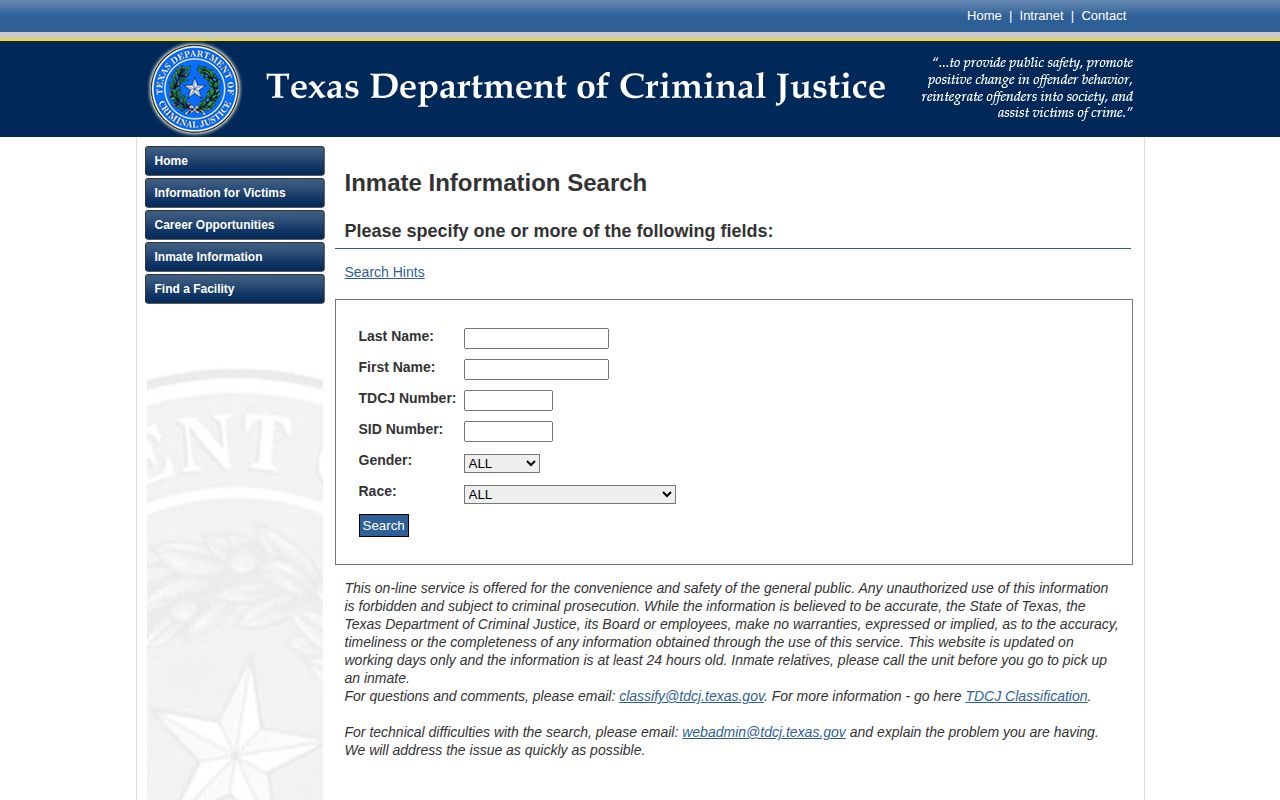 TDCJ current offender search for Bexar County release verification