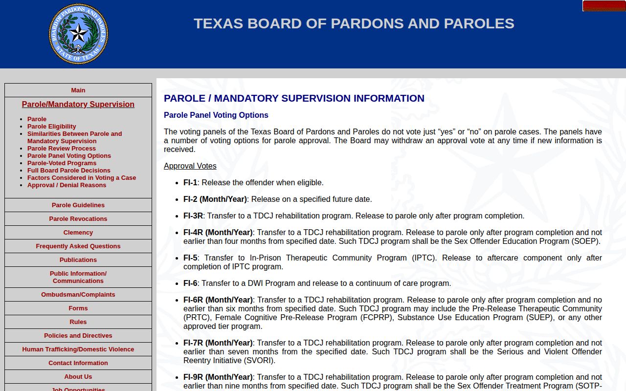 Texas Board of Pardons and Paroles vote options