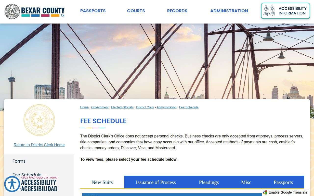 Bexar County District Clerk fee schedule with expunction fees