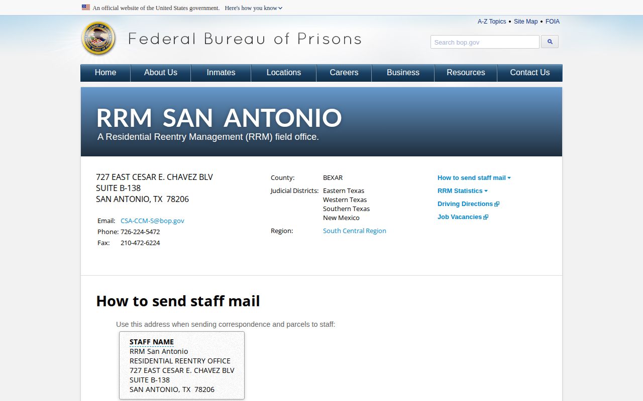 Official BOP RRM San Antonio location page