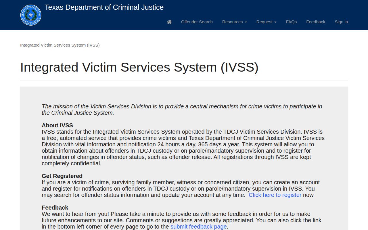 TDCJ IVSS state prison notification portal