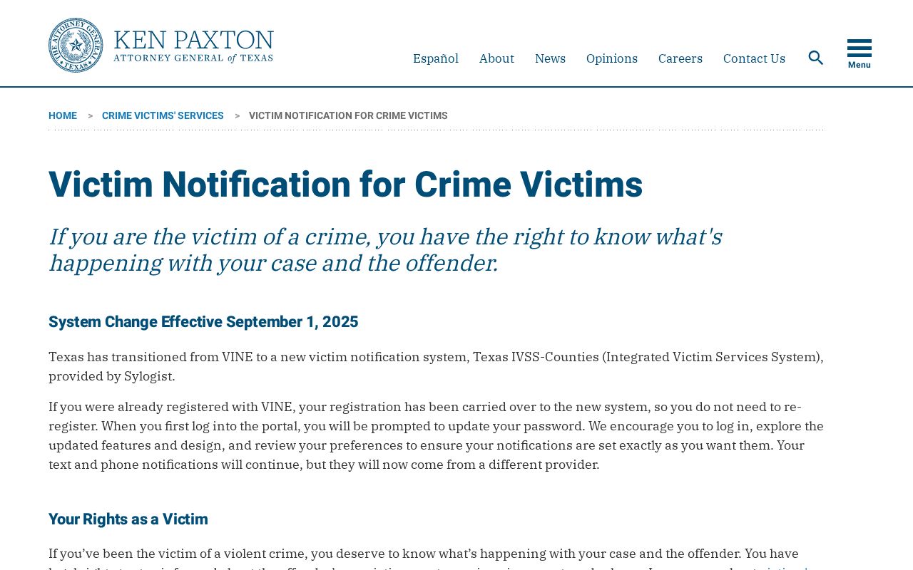 Texas Attorney General county victim notification transition information